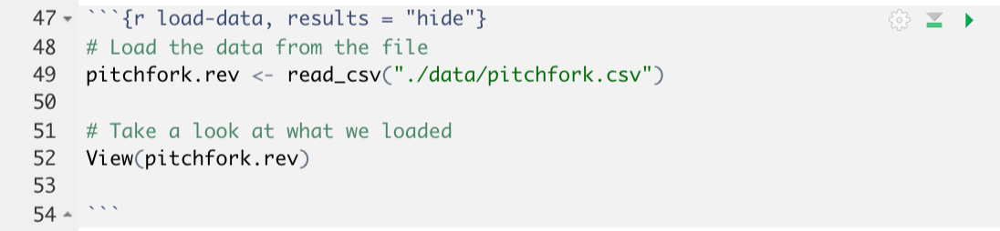 Image represents the R code that resulted in the loading of the Pitchfork data set. Using the read_csv function.